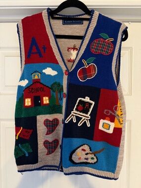 Karen Scott Patchwork School-Themed Sweater Vest in Red, Blue, Beige